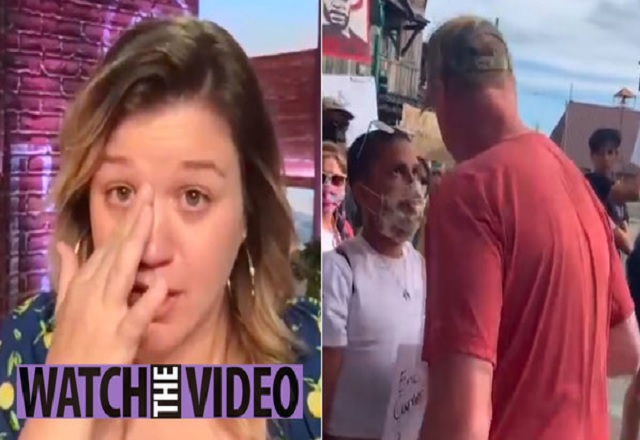 Kelly Clarkson breaks down in tears while speaking with protester about her father just weeks after painful divorce