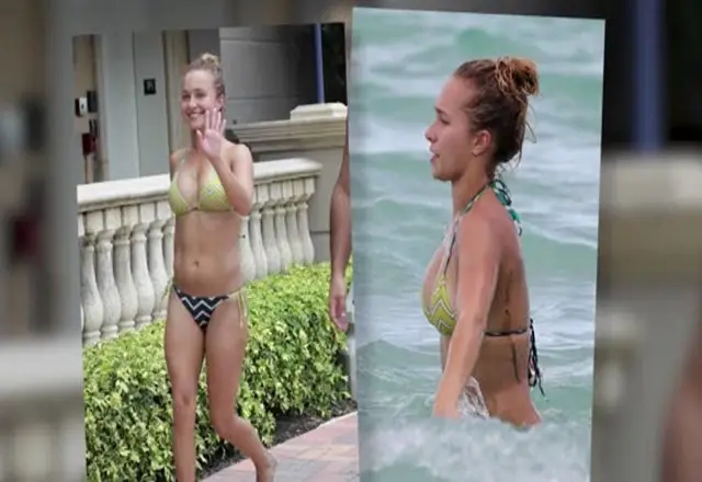 Hayden Panettiere show off massive TATOO as wave crash over her butt